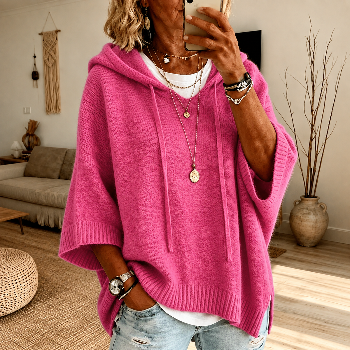 Chloe | Pink Hooded Poncho Sweater