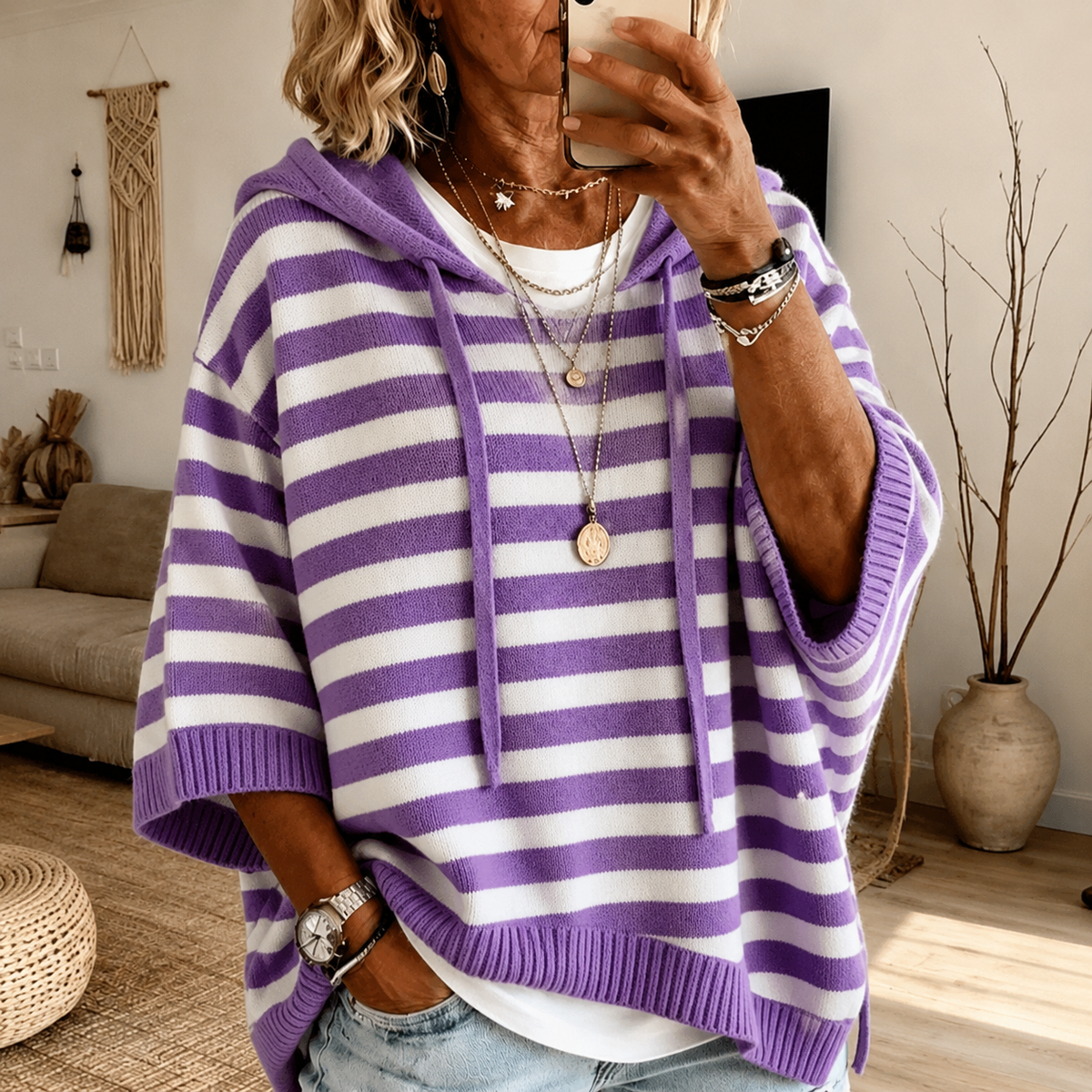 Anais | Purple Striped Hooded Poncho Sweater