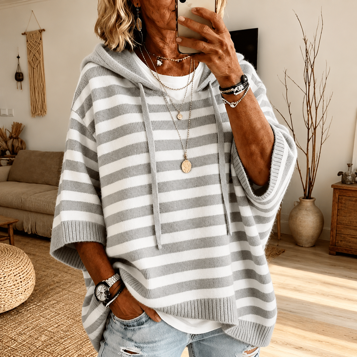 Celine | Gray Striped Hooded Poncho Sweater