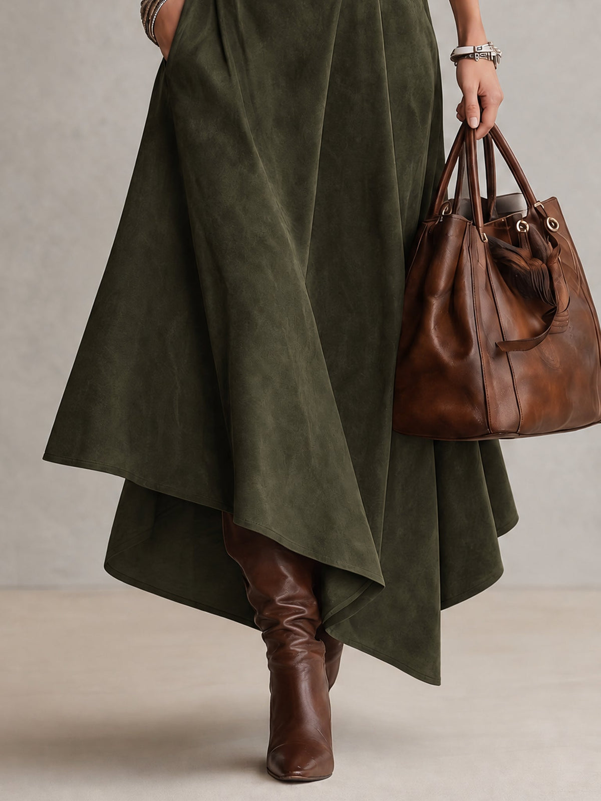 Turtleneck Top And Asymmetrical Skirt Set (with belt)