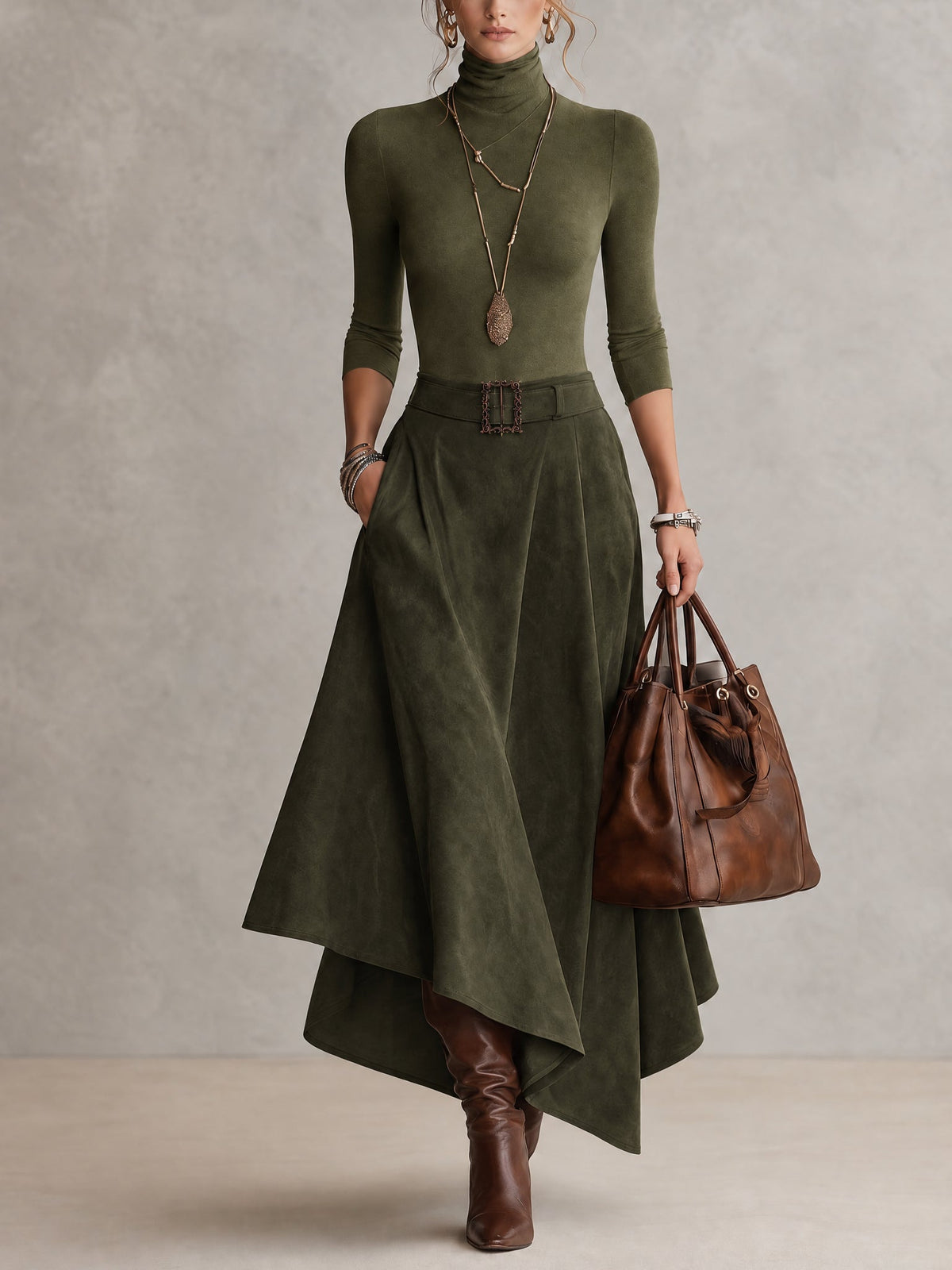 Turtleneck Top And Asymmetrical Skirt Set (with belt)