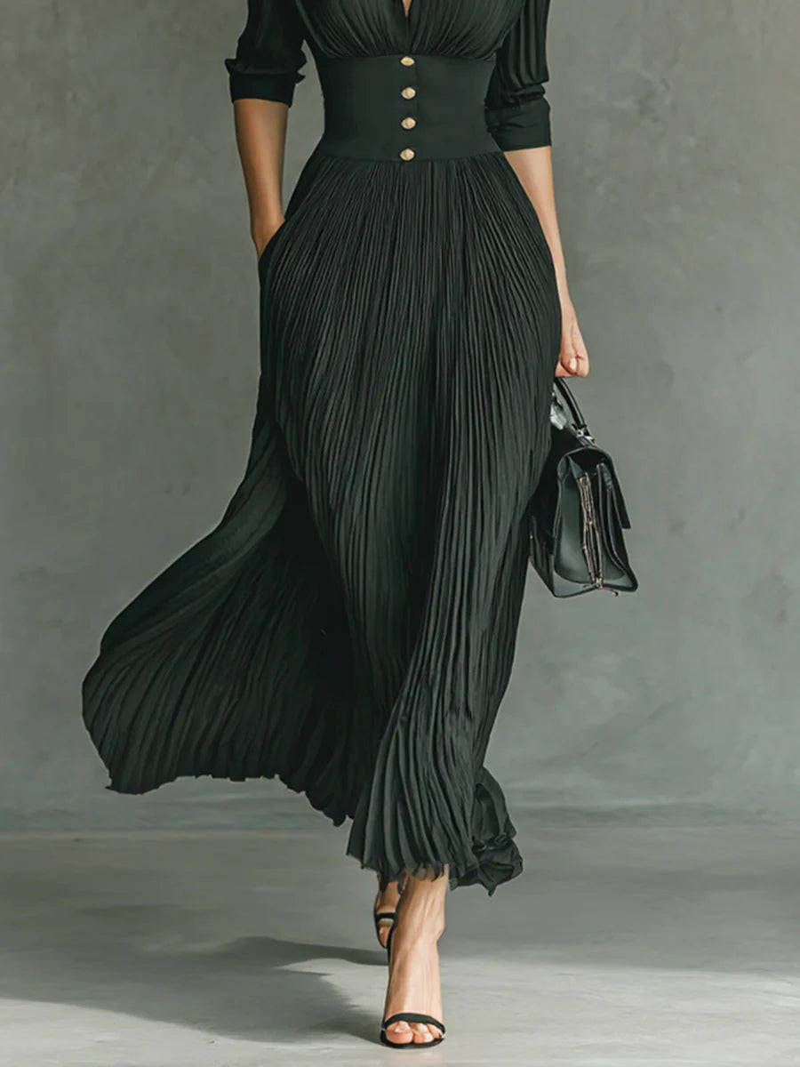Eileen | Pleated Lapel Maxi Dress