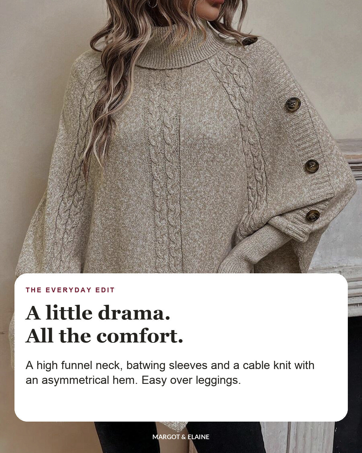 Alexis | Cable Knit Batwing Poncho Sweater