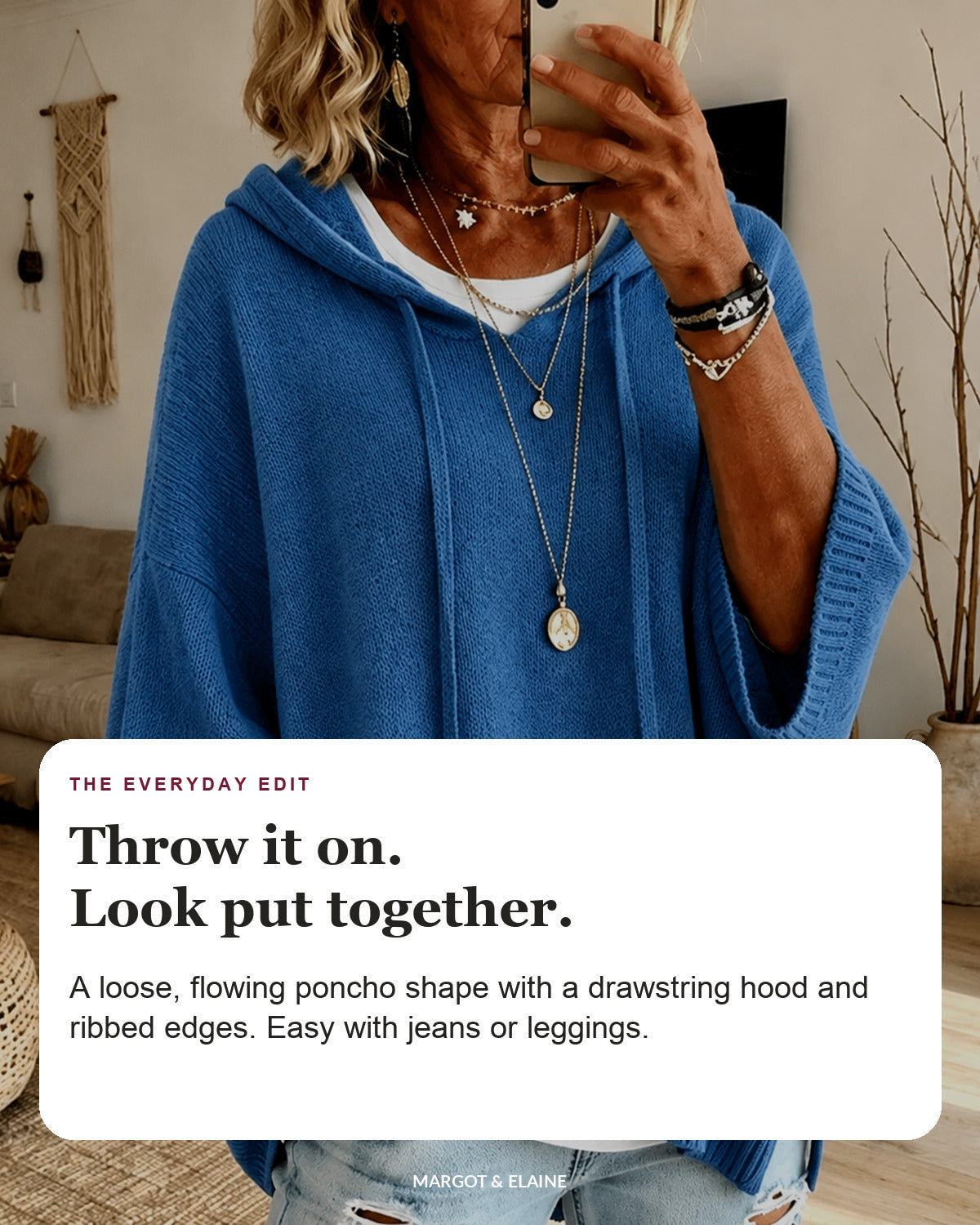 Amelie | Blue Hooded Poncho Sweater