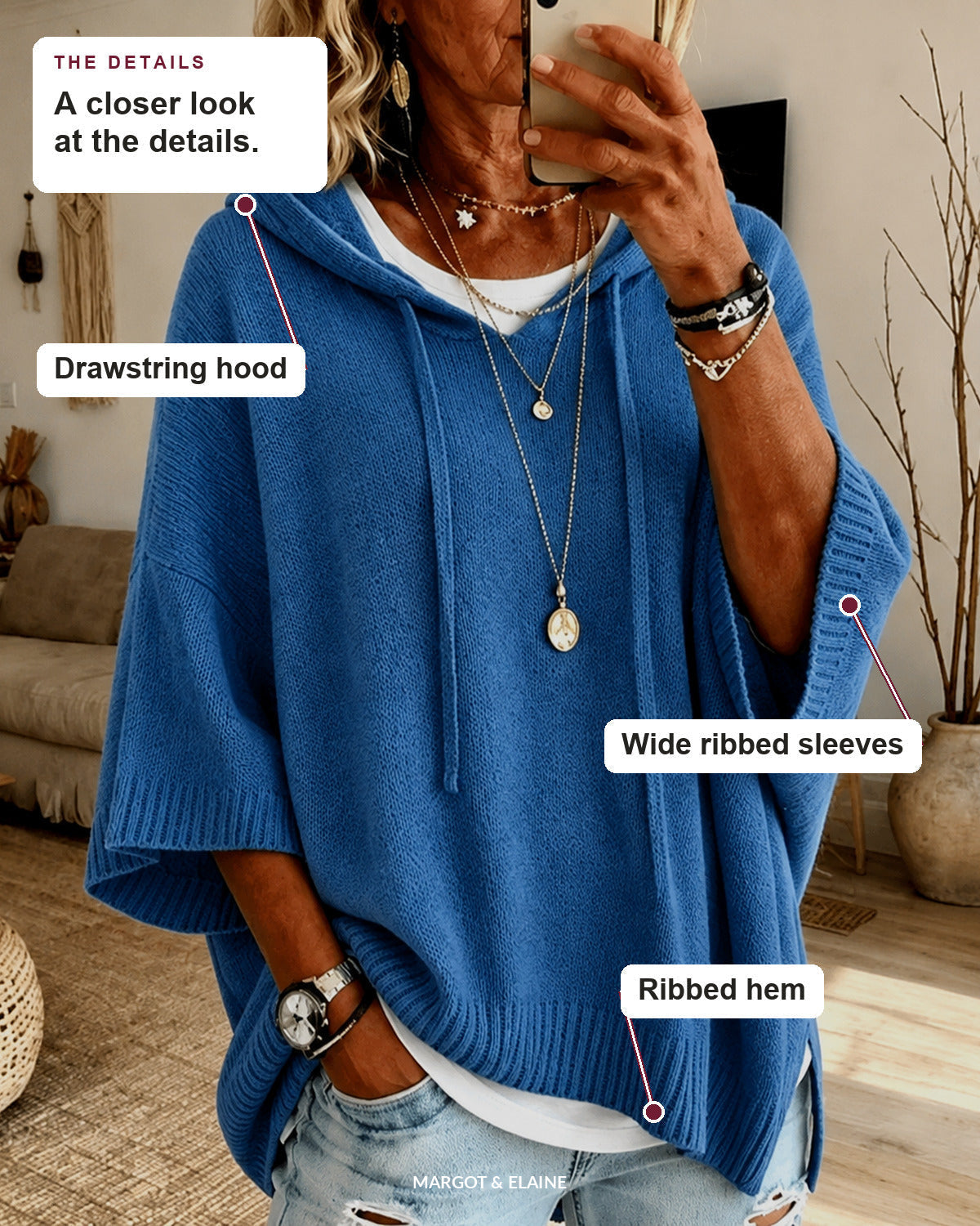 Amelie | Blue Hooded Poncho Sweater
