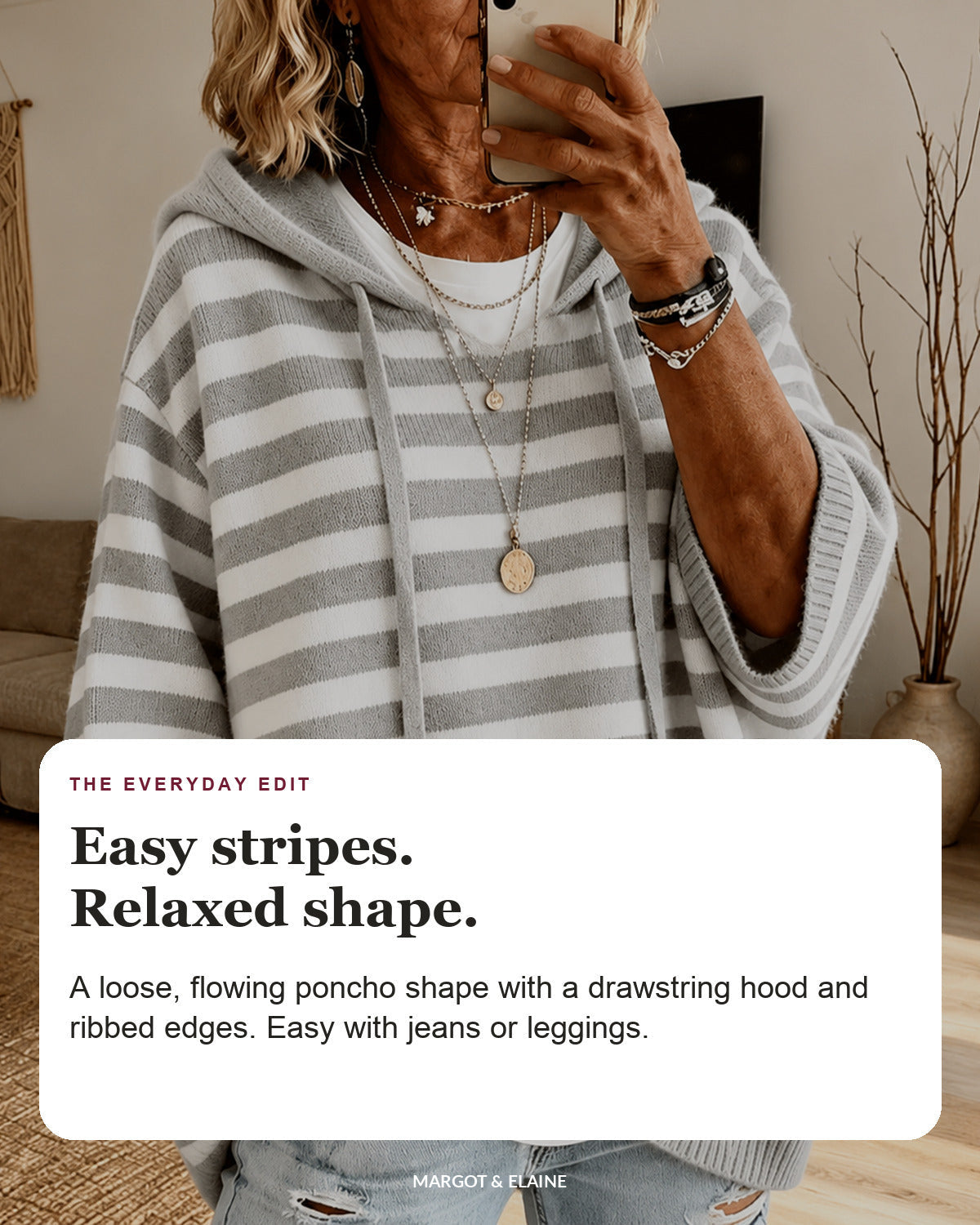 Celine | Gray Striped Hooded Poncho Sweater