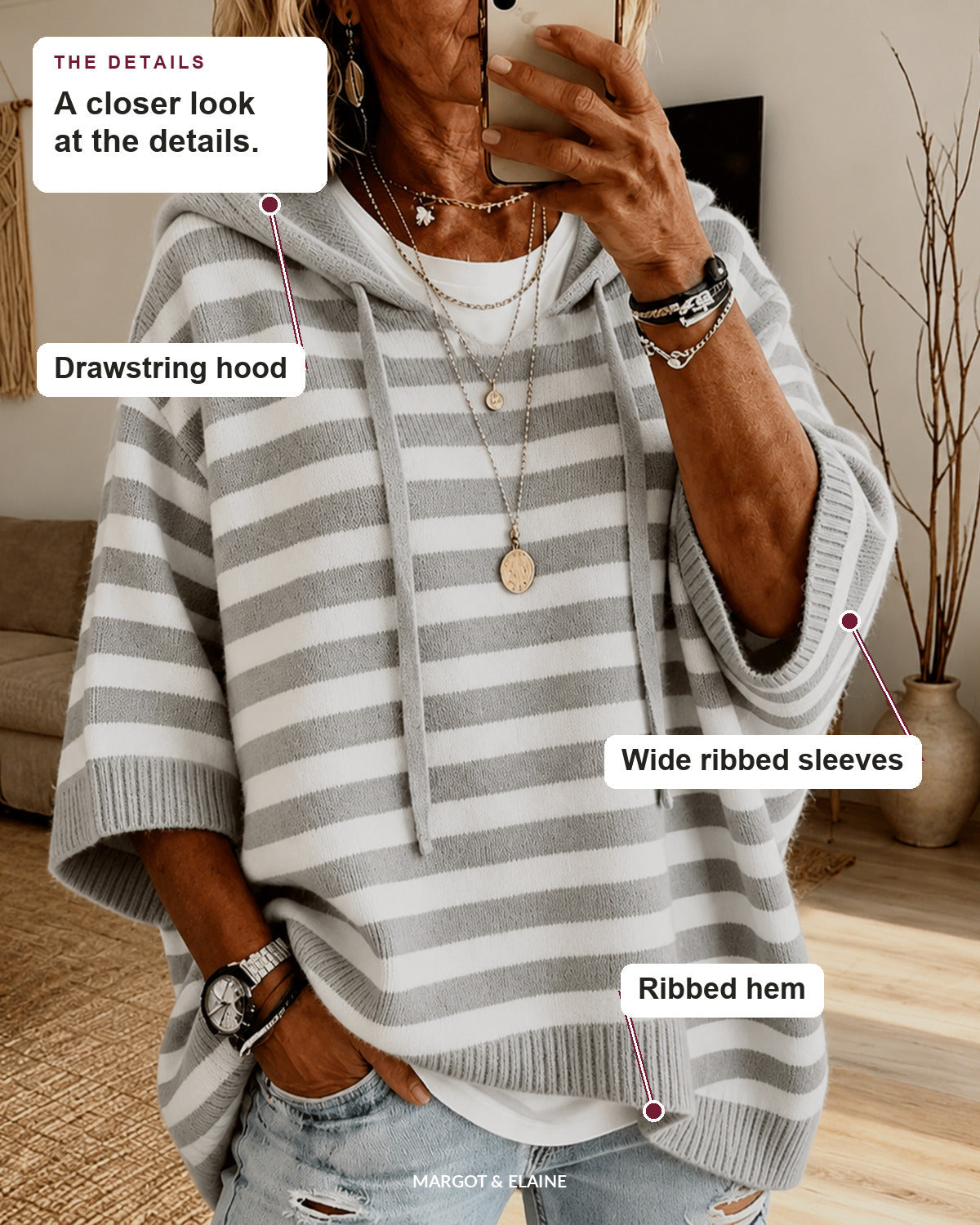 Celine | Gray Striped Hooded Poncho Sweater