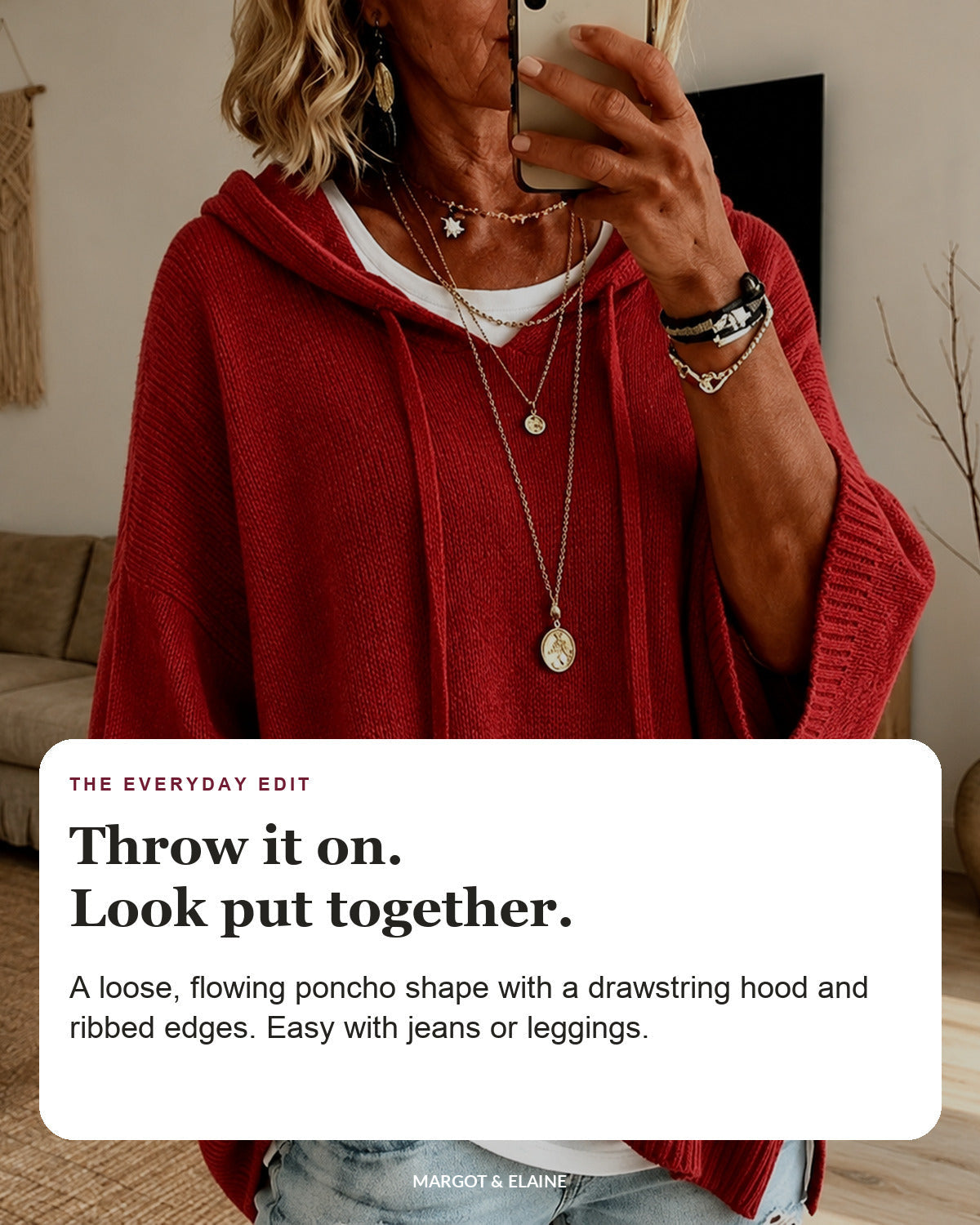 Claire | Red Hooded Poncho Sweater