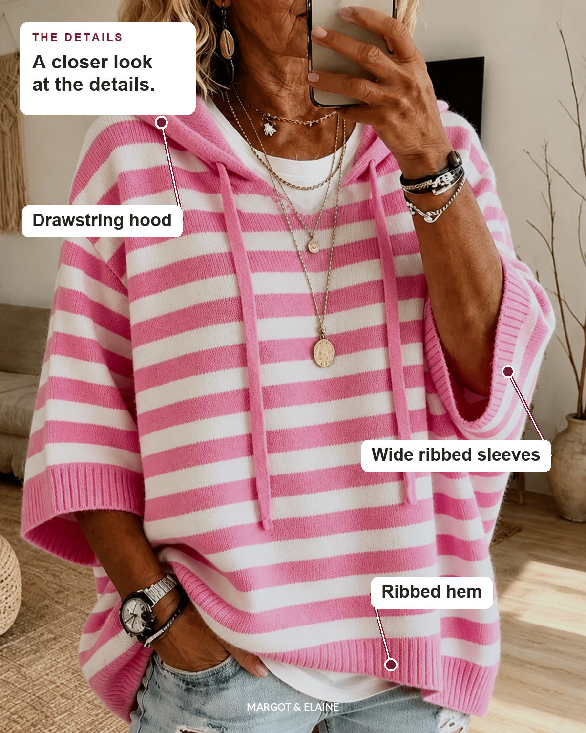 Emilie | Pink Striped Hooded Poncho Sweater