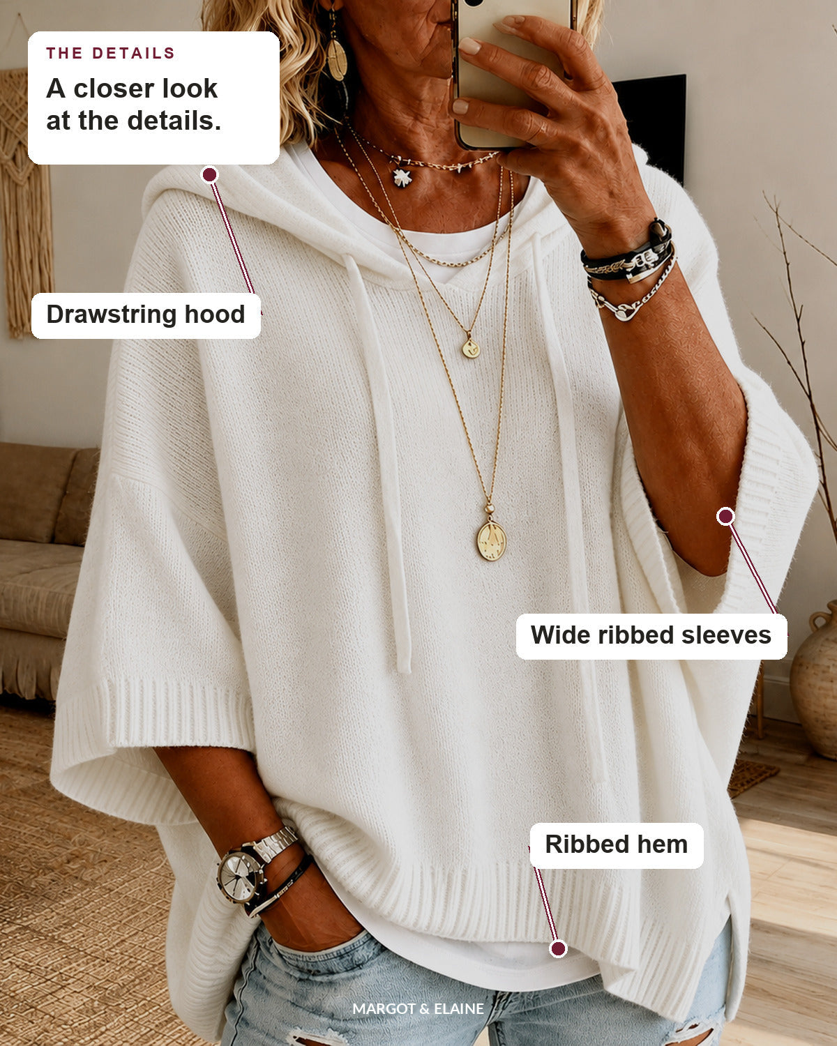 Janice | White Hooded Poncho Sweater