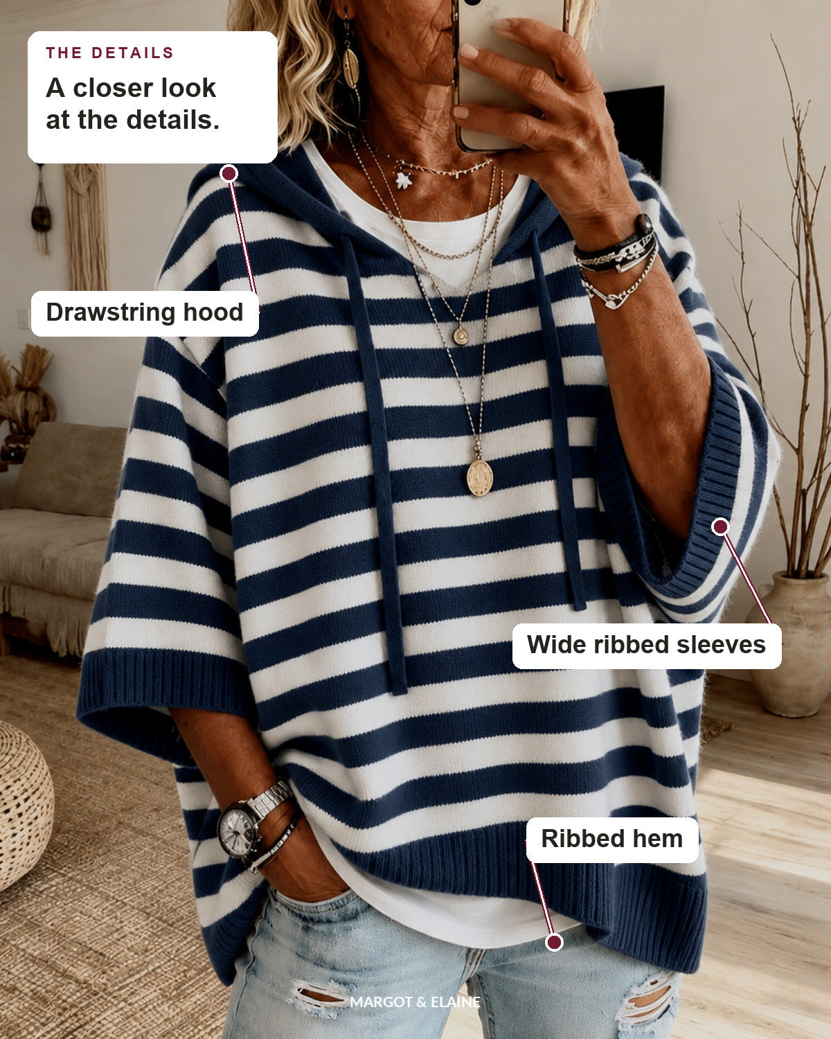 Marine | Navy Blue Striped Hooded Poncho Sweater