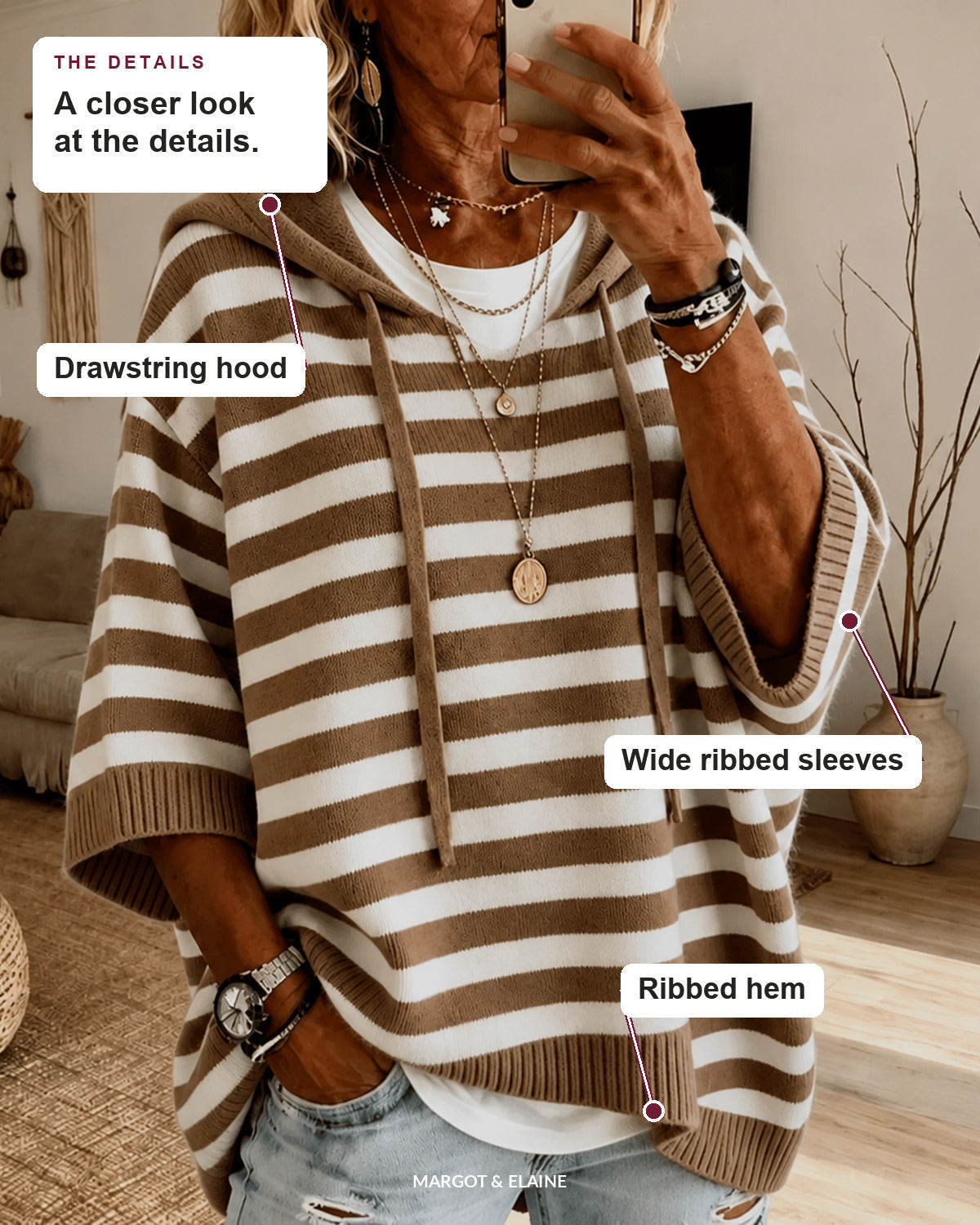 Mathilde | Taupe Striped Hooded Poncho Sweater
