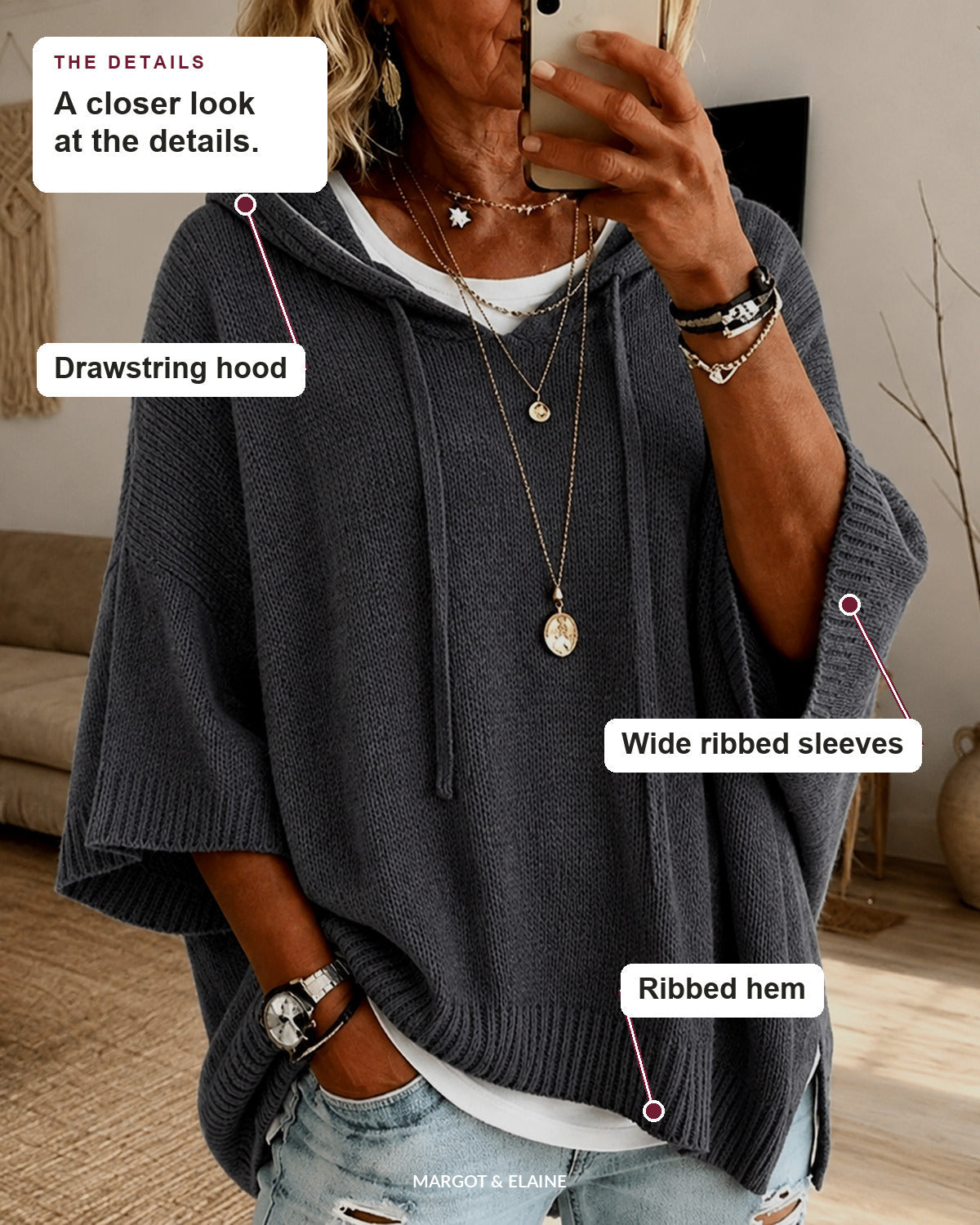 Sabine | Charcoal Hooded Poncho Sweater