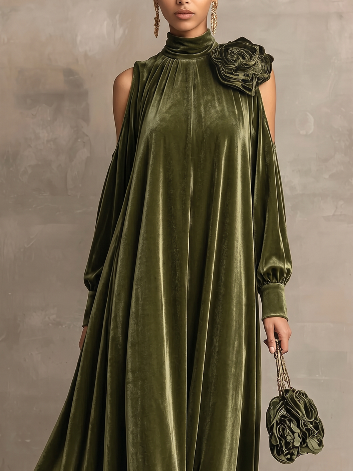 Simonetta | Pleated Maxi Dress with Floral Shoulder
