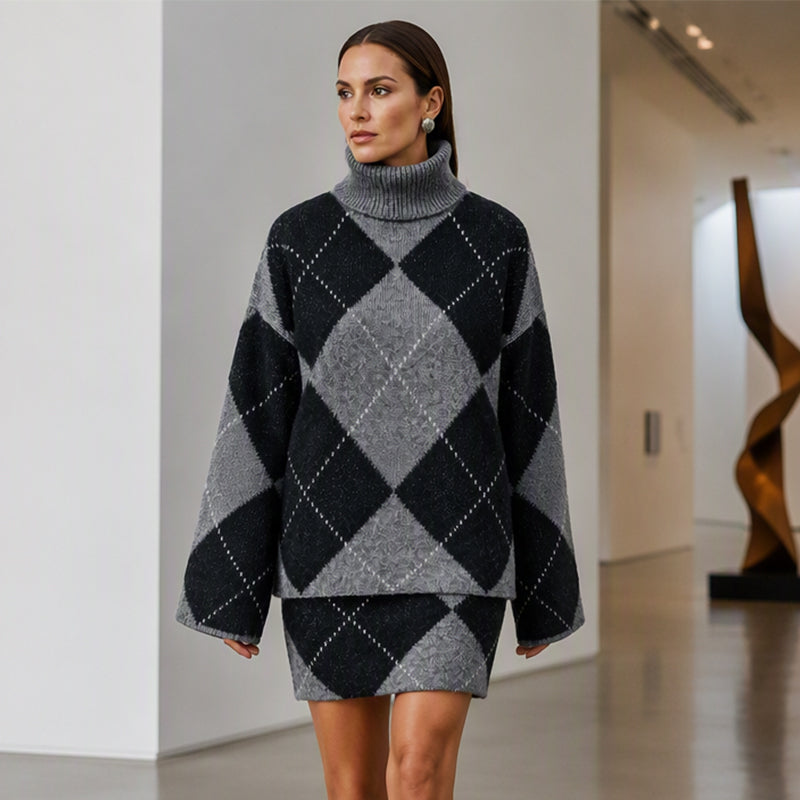 Argyle Knit Sweater & Skirt 2-Piece Set