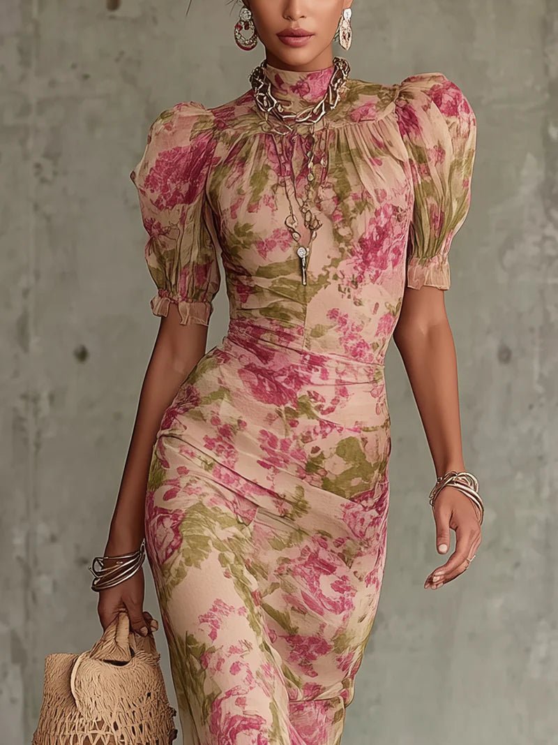 Vintage Rose Print Maxi Dress with Puff Sleeves (Accessories not included)