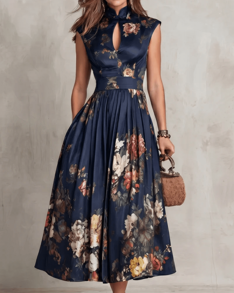 French Collar Floral Pleated Satin Midi Dress
