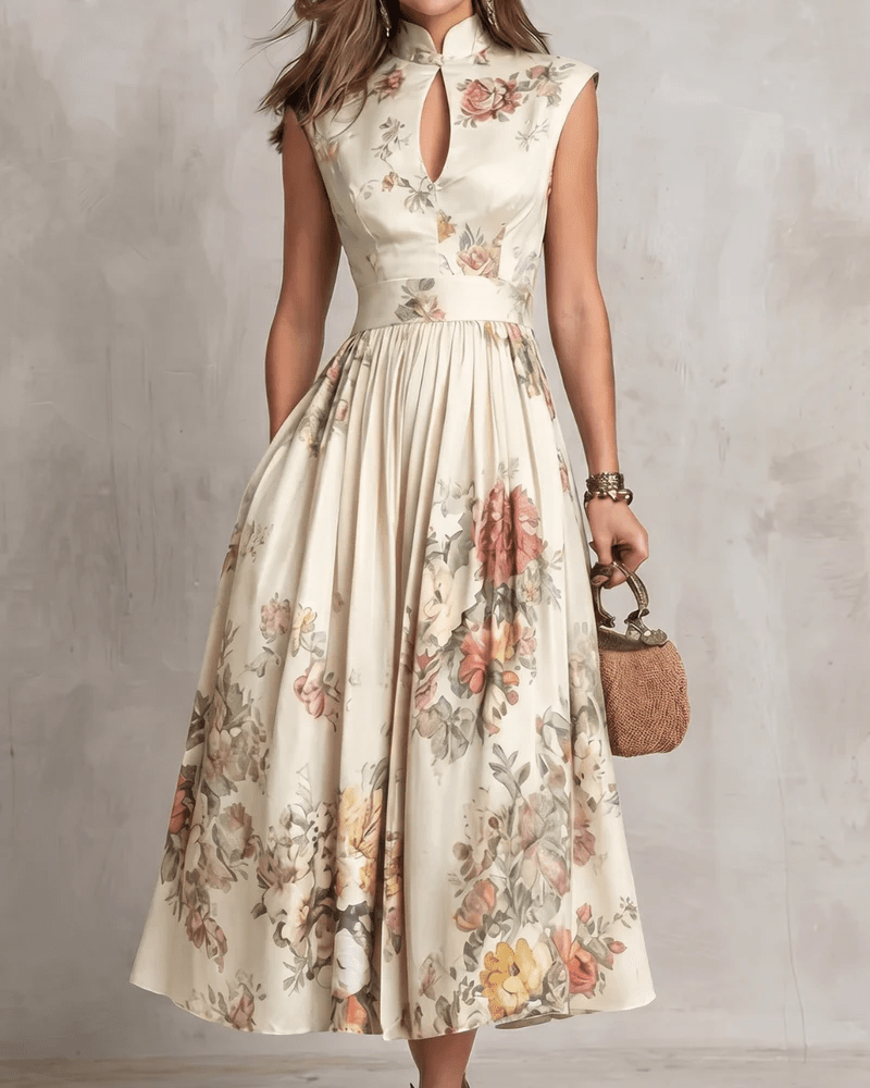 French Collar Floral Pleated Satin Midi Dress